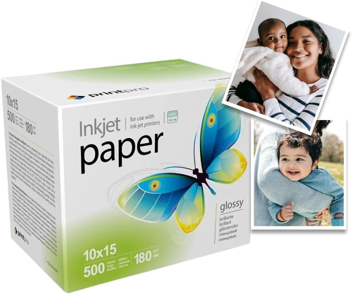 SnelShoppen - PrintPro Foto Papier 10x15cm Hoogglans 180g/m², 500 Vellen, Instant Droog, Waterbestendig, Geschikt voor Alle Inktjet Printers, Ideaal v