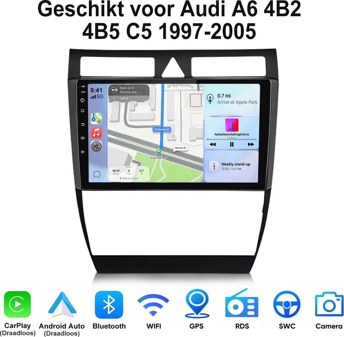 Junsun Android 15 Autoradio Geschikt voor Audi A6 4B2 4B5 C5 1997-2005 - 4GB+64GB - Draadloze CarPlay & Andriod Auto - Bluetooth - GPS-Navigatiesystem - 9-inch HD Touchscreen -Bluetooth - WIFI - RDS - SWC - USB - DSP