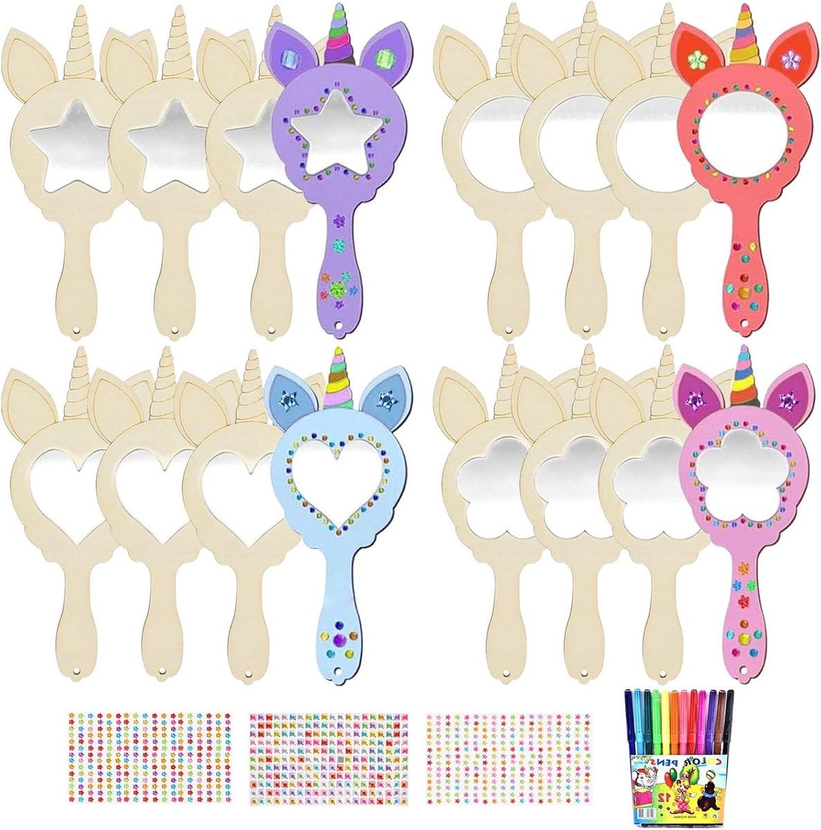 Unicorn Knutselset met Houten Spiegel voor Creatieve DIY Projecten, Perfect voor Meisjes en Feestjes