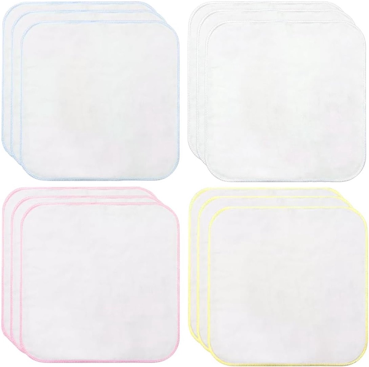 SnelShoppen - 12 Washandjes Flanel Biologisch Katoen in Roze, Blauw en Geel - Standaardmaat voor Dagelijks Gebruik en Reis