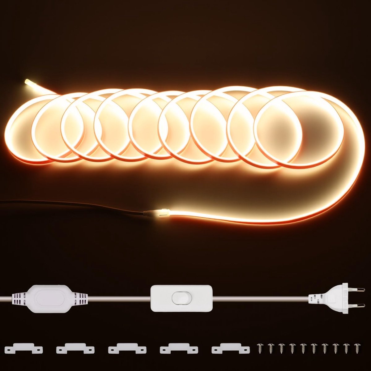 SnelShoppen - COB LED-strip 220V Waterdicht 10m Warm Wit 3000K Flexibel Knipbaar 288 LED's/m IP65 Voor Buiten Keuken Interieur Decoratie