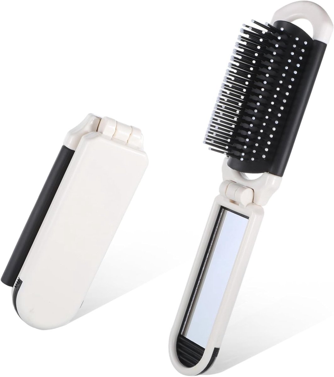 Draagbare opvouwbare mini haarborstel met spiegel, 2 stuks compacte haarstylingtools voor reizen en sportschool - wit, ideaal voor onderweg en gemakkelijk mee te nemen