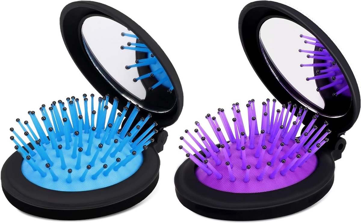Mini-haarborstel set met opvouwbare kam, reisspiegel en compacte borstel - blauw en paars