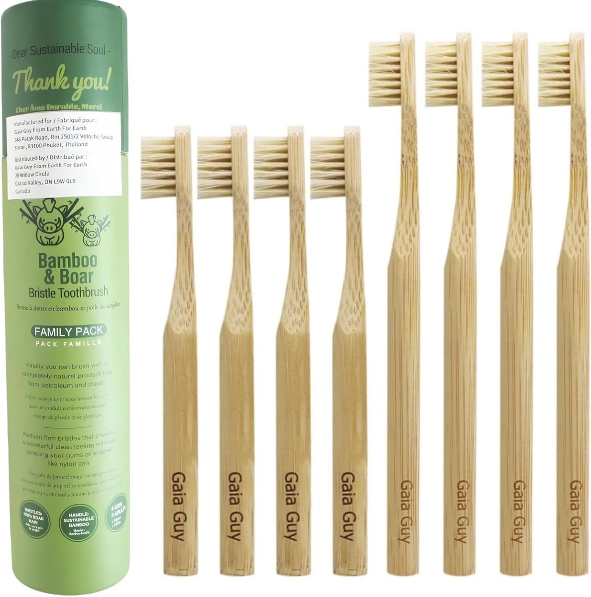 SnelShoppen - Biologische Bamboo Tandenborstel Familie Pack - 100% Composteerbaar - Natuurlijke Varkensharen - Duurzaam & Zero Waste - 4 Stuks