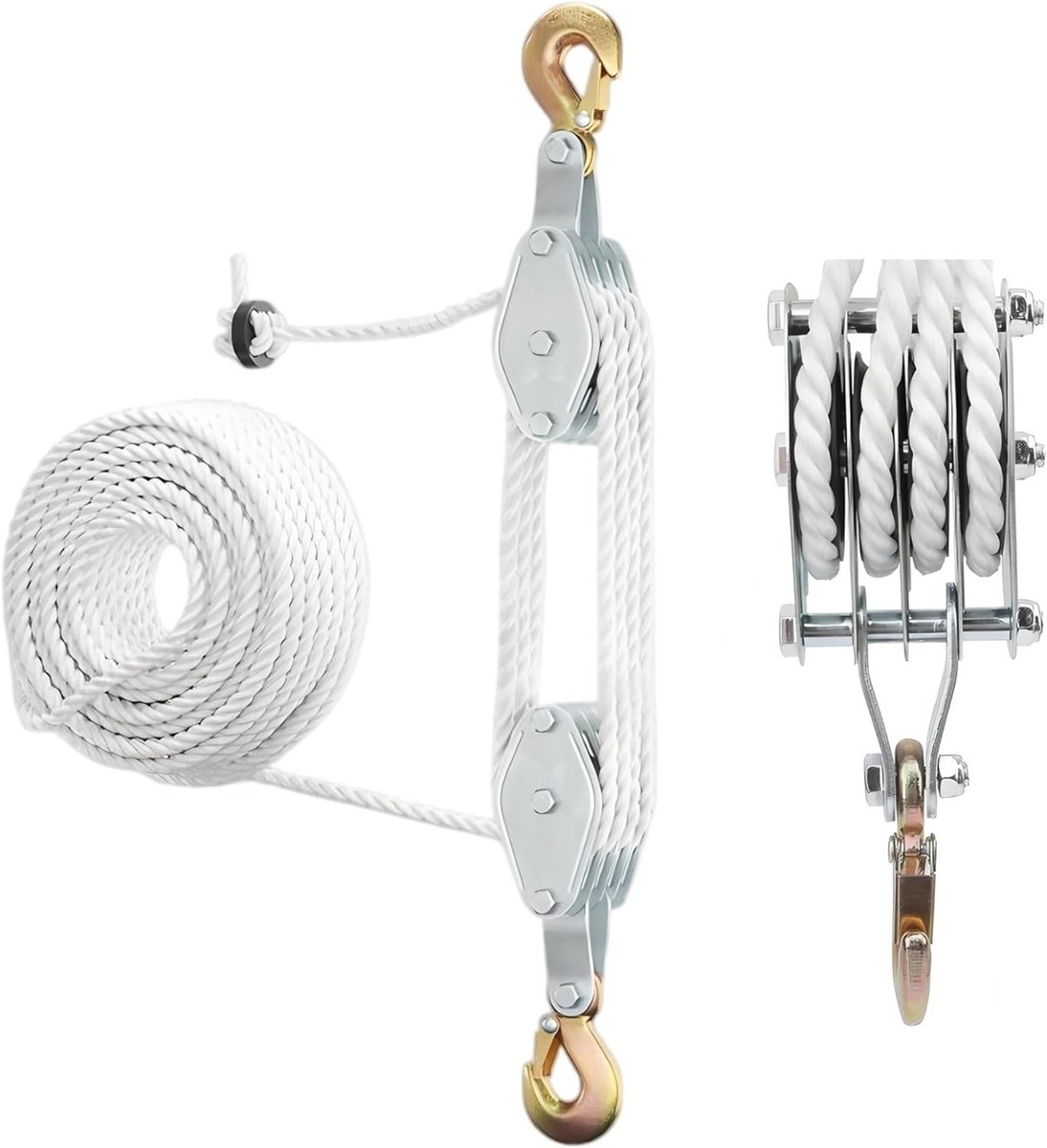 Robuuste katrol met 20 meter nylon touw: handmatige hijskatrol met 4400 LB (ongeveer 2000 kg) laadcapaciteit, 8:1 arbeidsbesparende katrol voor garages en opslagruimtes, hoogwaardig kabelsysteem