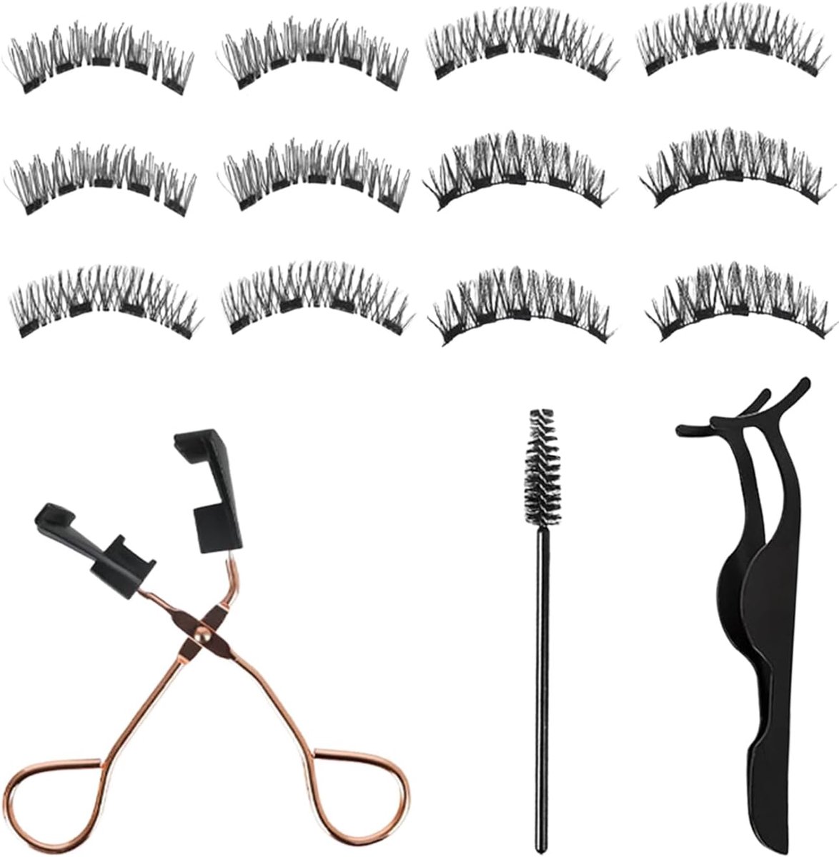 SnelShoppen - 12 Zwarte Valse Wimpers Set met Wimperkruller, Herbruikbare Wimpers, Snelle Make-Up Tools voor Feest en Dagelijks Gebruik, Inclusief Pin