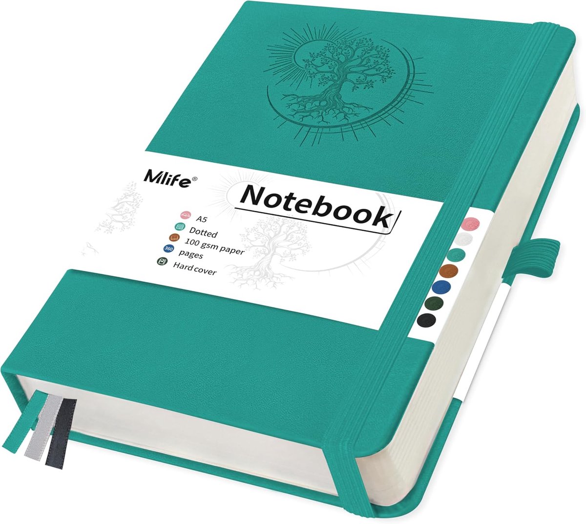 SnelShoppen - A5 Dotted Notebook met Levensboom Design, 360 Blz, 100 G/sqm Dotted Papier, PU Cover, Elastische Band, Penhouder, 3 Boekenleggers, Turqu