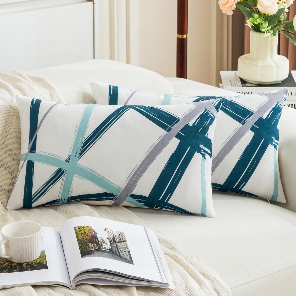 Set van 2 Kussenhoezen 30 x 50 cm in Teal Turquoise Grijs, Velvet Geometrisch, Perfect voor Woonkamer en Slaapkamer Decoratie