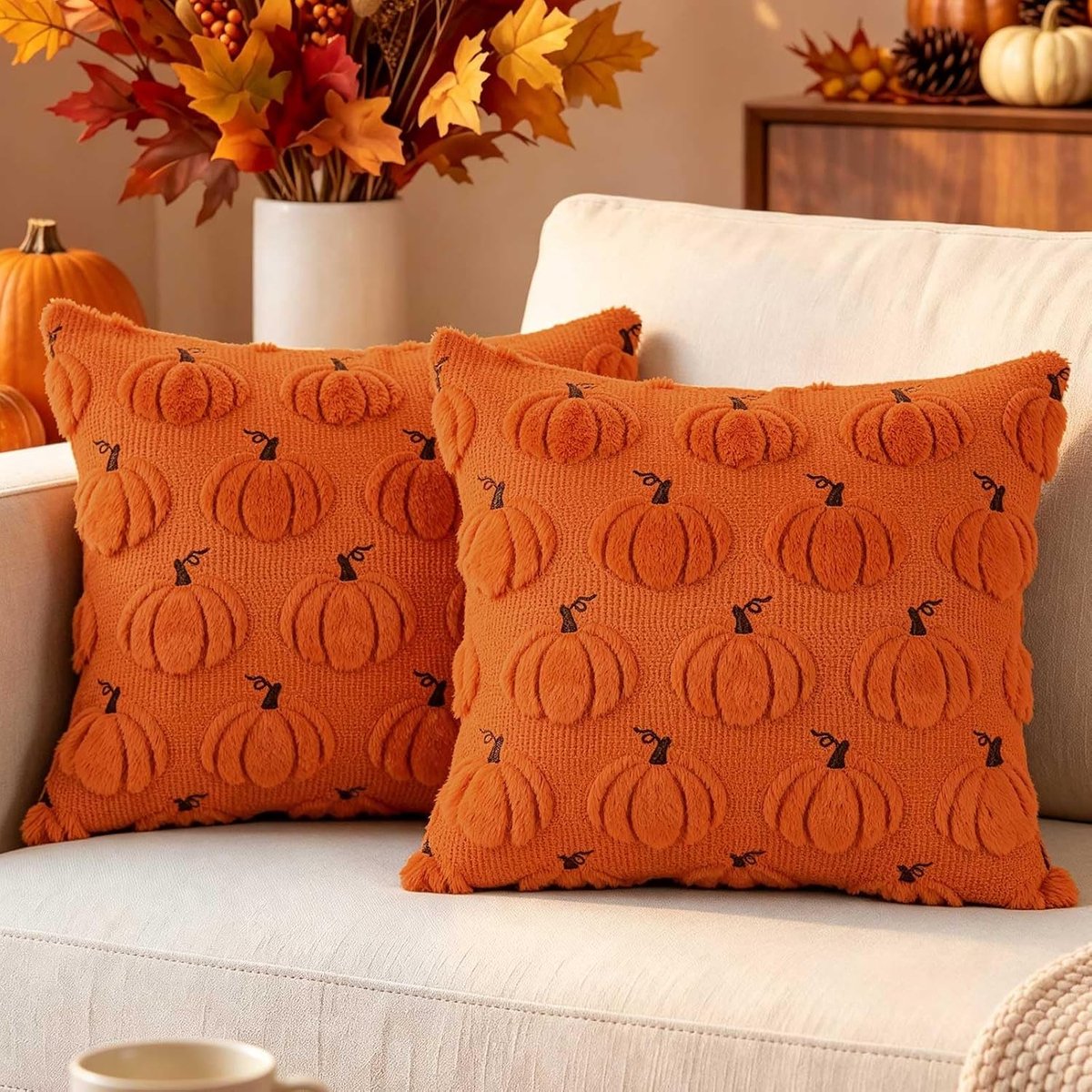 SnelShoppen - Set van 2 Herfst Kussenslopen 40x40 cm, Oranje Pluche Pompoen Decoratieve Kussenhoezen voor Bank en Bed, Huisdiervriendelijk, Perfect vo