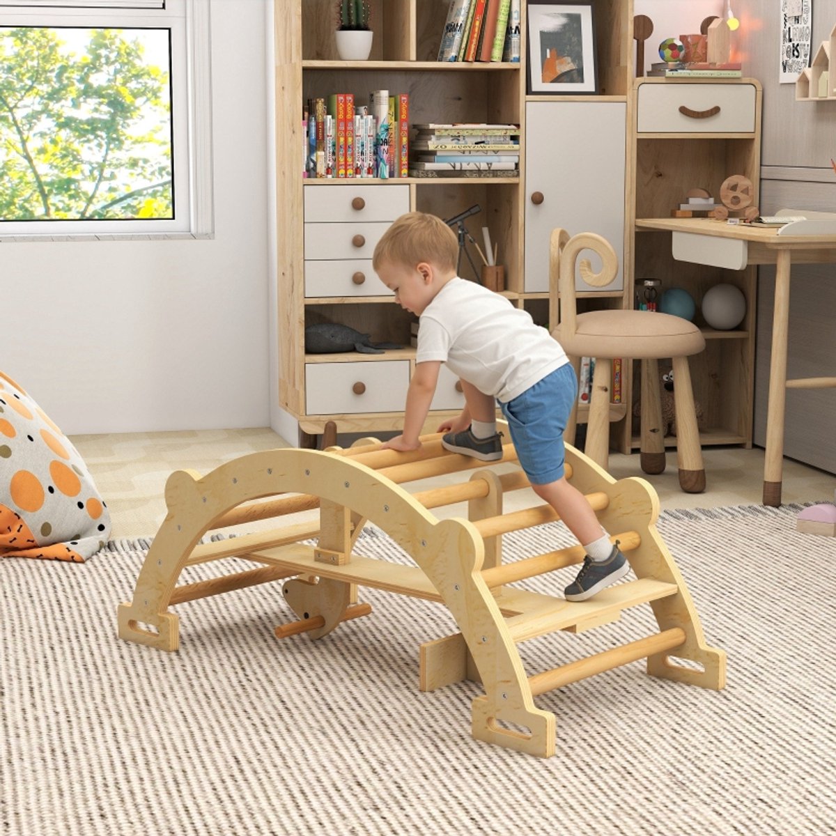 COVREO Kletterboog 110x52x45 cm - hout, naturel, 2-in-1 voor klimmen en schommelen