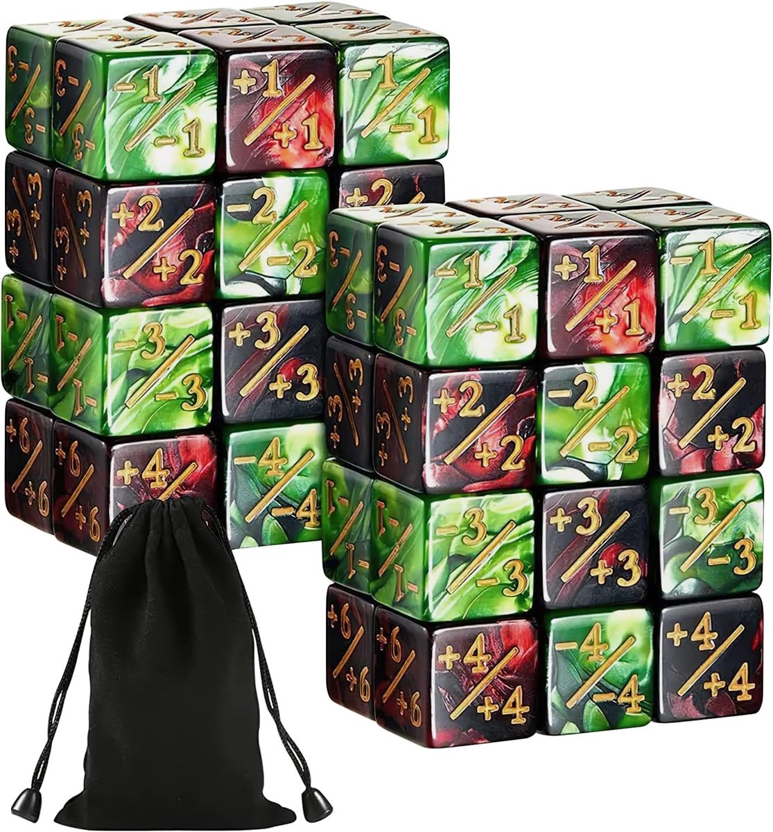 SnelShoppen - 48 D6 Dobbelstenen Set Acryl Zwart Rood & Zwart Groen met Opbergzak - Perfect voor Bordspellen en Kaartspellen - Duurzaam en Herbruikbaa