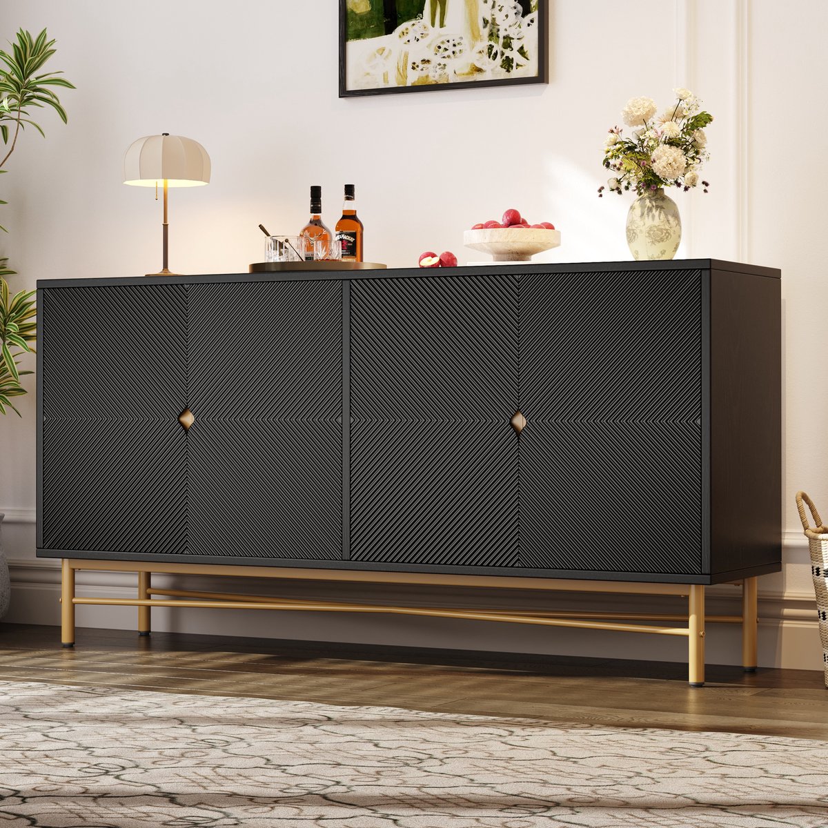 HAUSS SPOLE Dressoir - Geribbelde Fronten Met Vier Deuren En Softclose - Voor Woonkamer Of Eethoek - Zwart Spaanplaat - 160x40x82 Cm