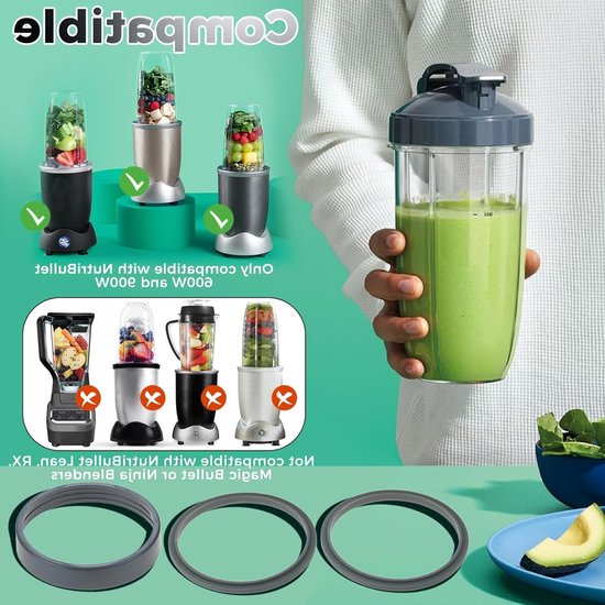 8-delige Set Vervangende Blenderbekers en Mesjes, 945ml Grote Beker met Flip Top Deksel, Inclusief Rubber O-ringen en Borstel voor Blender 600W/900W Modellen — afbeelding 2