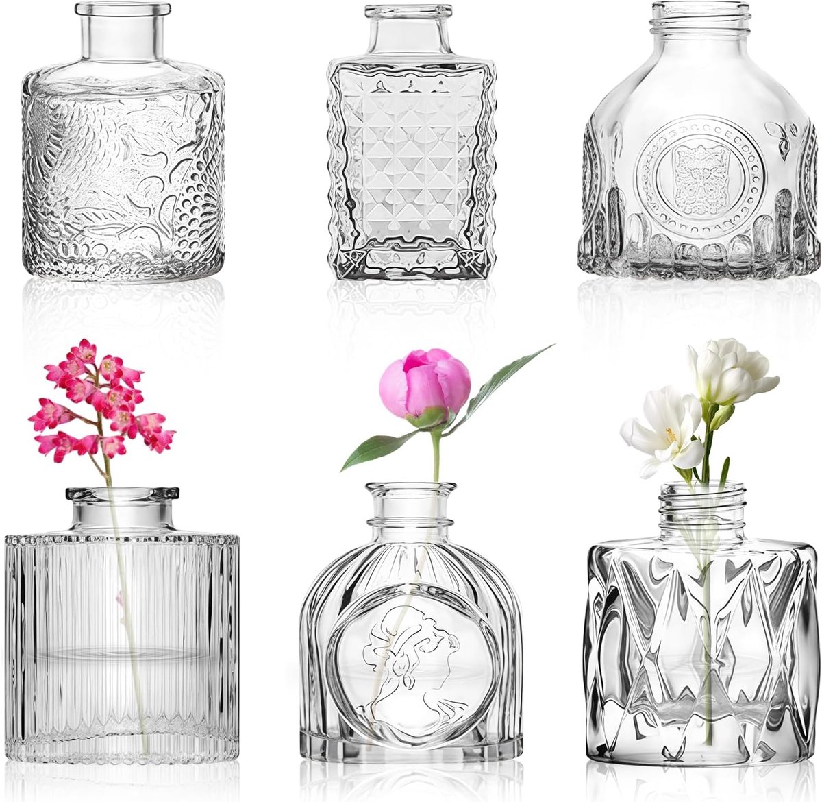 SnelShoppen - 6 Stuks Kleine Vazen voor Tafel Decoratie: Vintage Glazen Vazen Set, Decoratief, Smalle Glas Vazen voor Bloemen, 8 cm, Voor Thuis, Bruil