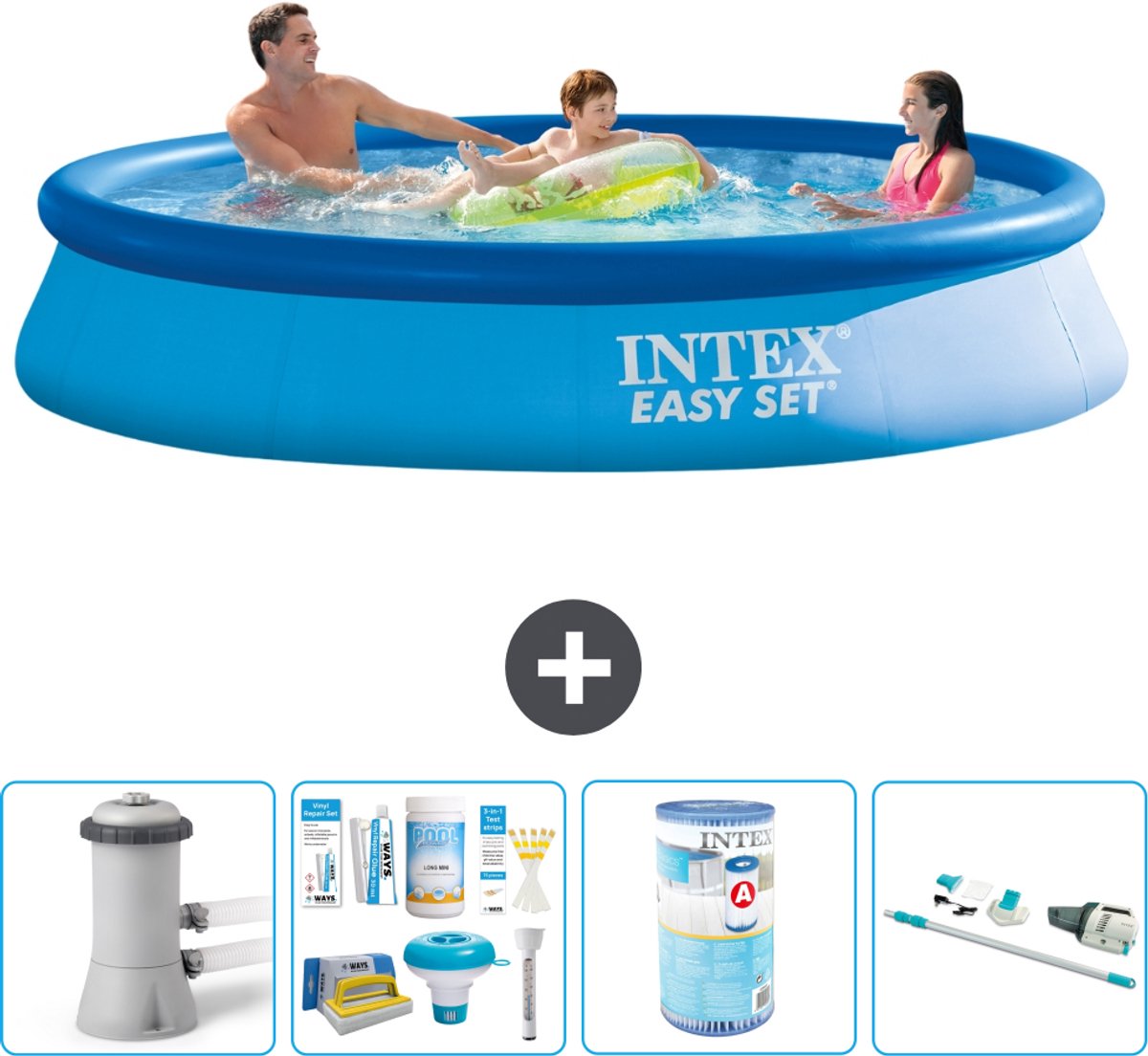 Intex Rond Opblaasbaar Easy Set Zwembad - 366 x 76 cm - Blauw - Inclusief Pomp - Onderhoudspakket - Filter - Stofzuiger - 5-delig