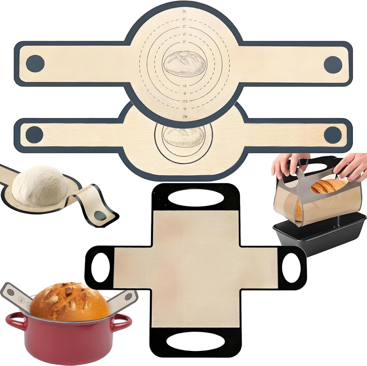 SnelShoppen - Set van 3 Broodlussen & Bakmat voor Dutch Oven, Hittebestendige Siliconen Broodbakmat met Handgrepen, Ideaal voor Zuurdeeg en Brood, Vie