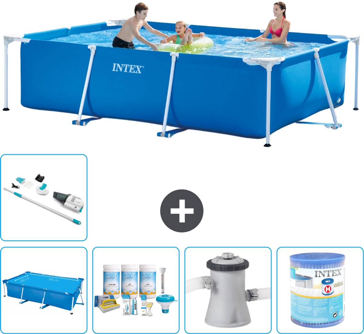 Intex Rechthoekig Frame Zwembad - 300 x 200 x 75 cm - Blauw - Inclusief Solarzeil - Onderhoudspakket - Zwembadfilterpomp - Filter - Stofzuiger - 6-delig