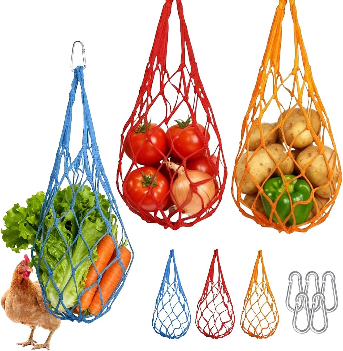 SnelShoppen - 6 Stuks Hangende Kippen Voedernet - Nylon Voederzak voor Kippen, Eenden, Ganzen en Vogels - Inclusief 6 Carabiners - Duurzaam en Weerbes
