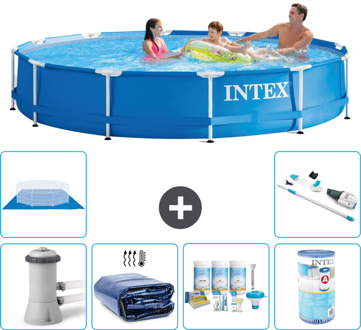 Intex Rond Frame Zwembad - 366 x 76 cm - Blauw - Inclusief Pomp - Solarzeil - Onderhoudspakket - Filter - Grondzeil - Stofzuiger - 7-delig