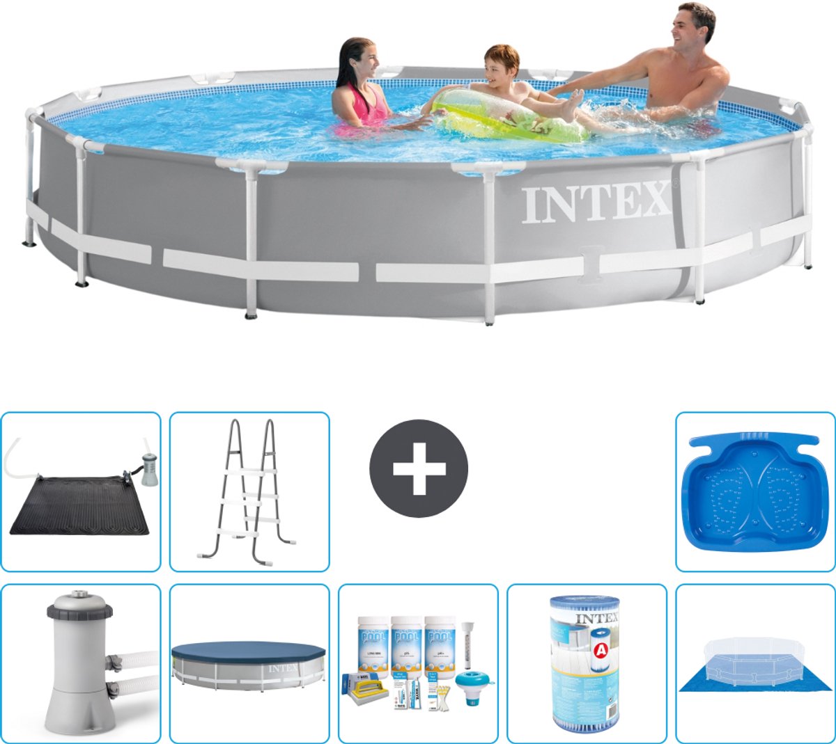 Intex Rond Prism Frame Zwembad - 366 x 76 cm - Grijs - Inclusief Pomp - Afdekzeil - Onderhoudspakket - Filter - Grondzeil - Solar Mat - Ladder - Voetenbad - 9-delig