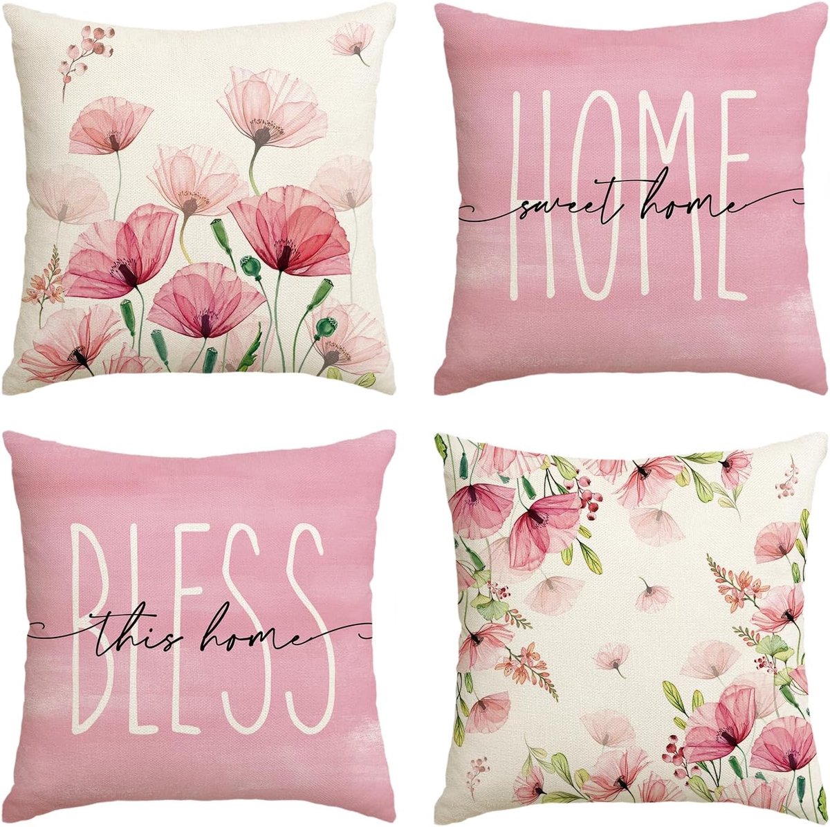SnelShoppen - Set van 4 Kussenhoezen Poppies Leaves 45x45 cm, Decoratieve Sofa Kussens, Machinewasbaar Polyester, Perfect voor Woonkamer en Slaapkamer