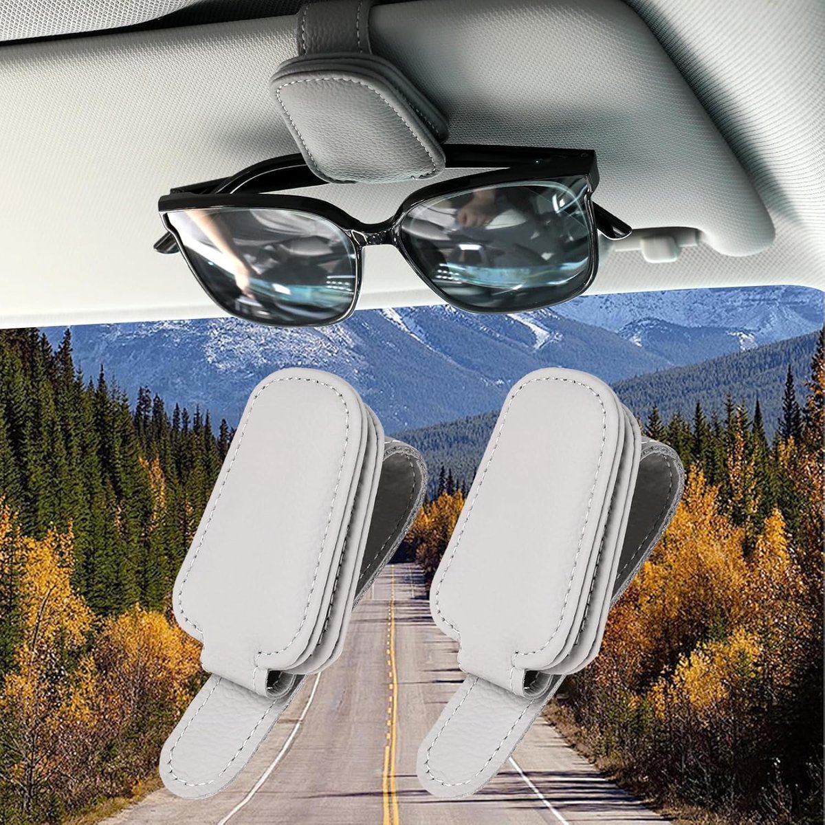SnelShoppen - Car Sunglasses Holder 2 Stuks - Magnetische Lederen Zonnebril Houder voor Zonnevisier - Organizer voor Auto Accessoires - Lichtgrijs