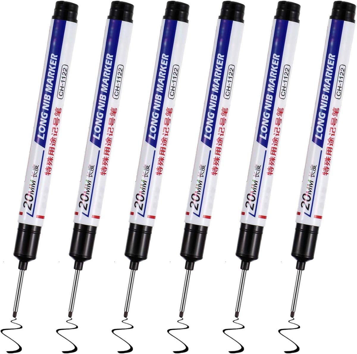 SnelShoppen - Pack van 6 Diepe Gaatjes Markers, 20 mm Extra Lange Punt, Boorgaatje Markers, Plastic Constructie Pens voor Hout, Plastic, Muur, Metaal,