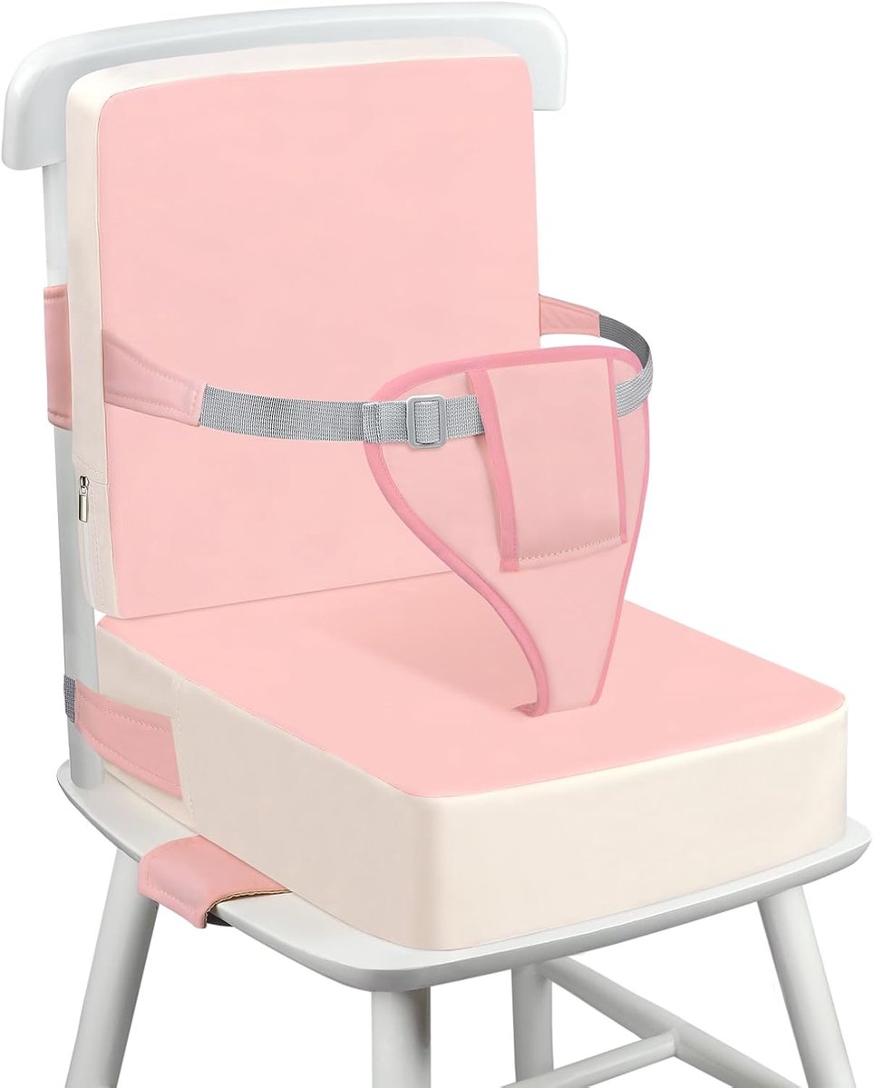 SnelShoppen - Kinder Booster Stoel Grijs Kussen PU Wasbaar Met Verstelbare Veiligheidsgordel Geschikt Voor Kinderen Vanaf 1 Jaar (Roze & Wit)
