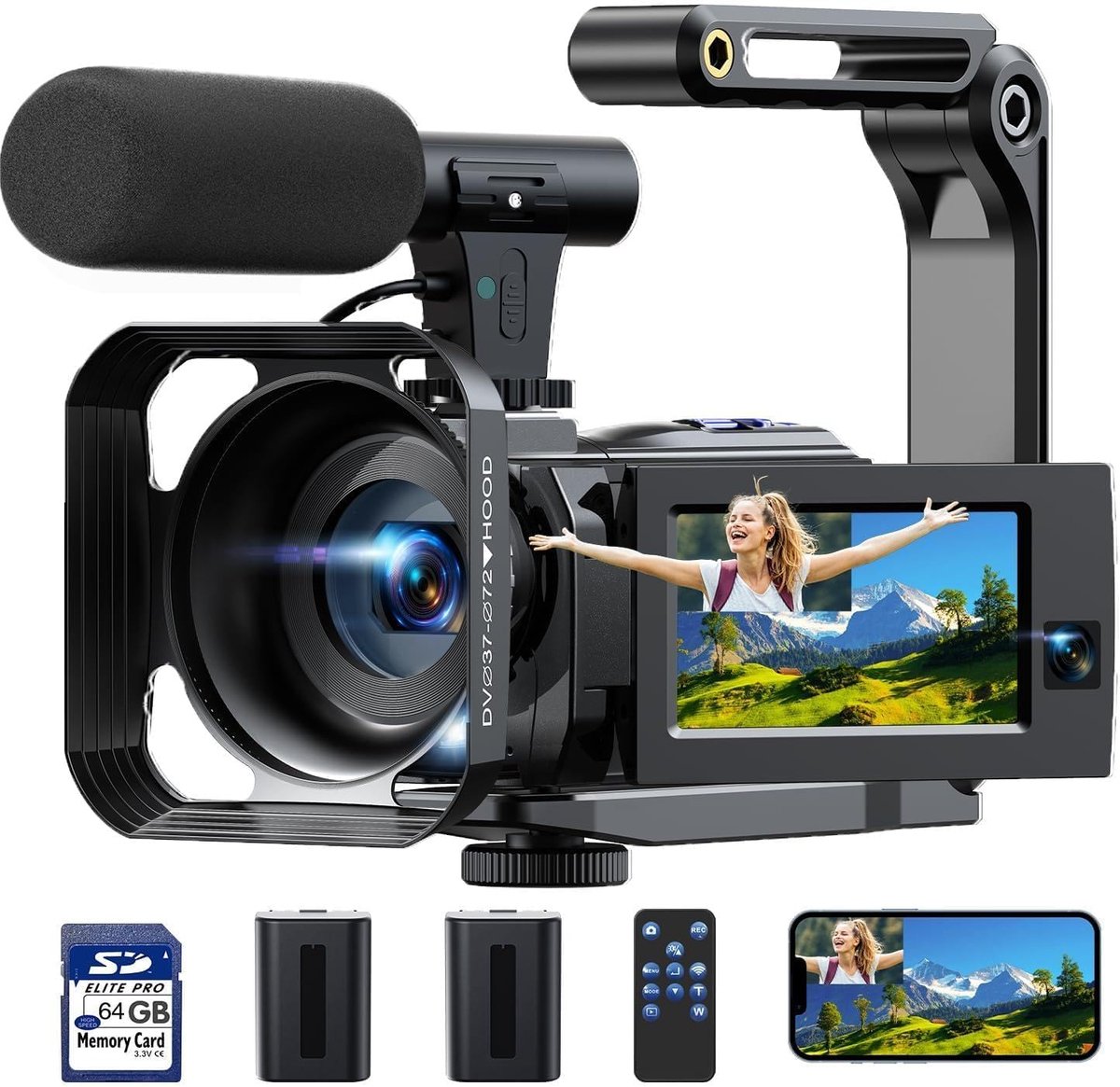 SnelShoppen - 5K Camcorder Videocamera met 56MP, Wifi, Infrarood Nachtzicht, 16x Zoom, 270° Draaibaar Touchscreen, Inclusief 2 Accu's en 64GB Geheugen