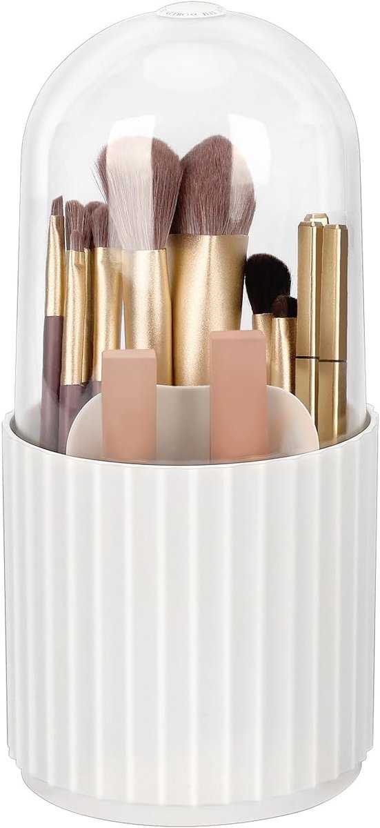 SnelShoppen - Makeup Kwastenhouder Organizer met Deksel, 360 Graden Rotatable Cosmetica Organizer, 5 Compartimenten, Wit, Voor Badkamer en Vanity