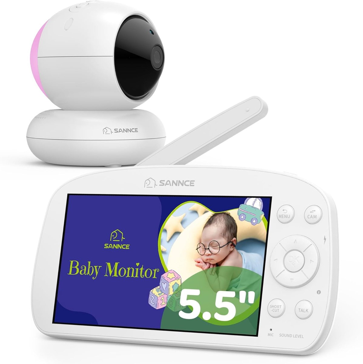 SnelShoppen - Baby Monitor met Camera en Nachtlampje, 720p, 5.5 Inch Display, 1080P Beveiligingscamera, 5000mAh Batterij, Temperatuur Alarm, PTZ, IR N