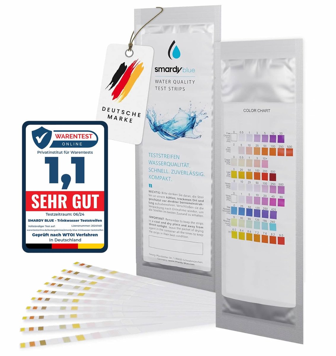 SnelShoppen - 10 x 9in1 Water Test Strips - pH, Chloor, Nitraat, Nitriet, Hardheid, Zware Metalen - Voor Drinkwater, Zwembaden en Aquariums
