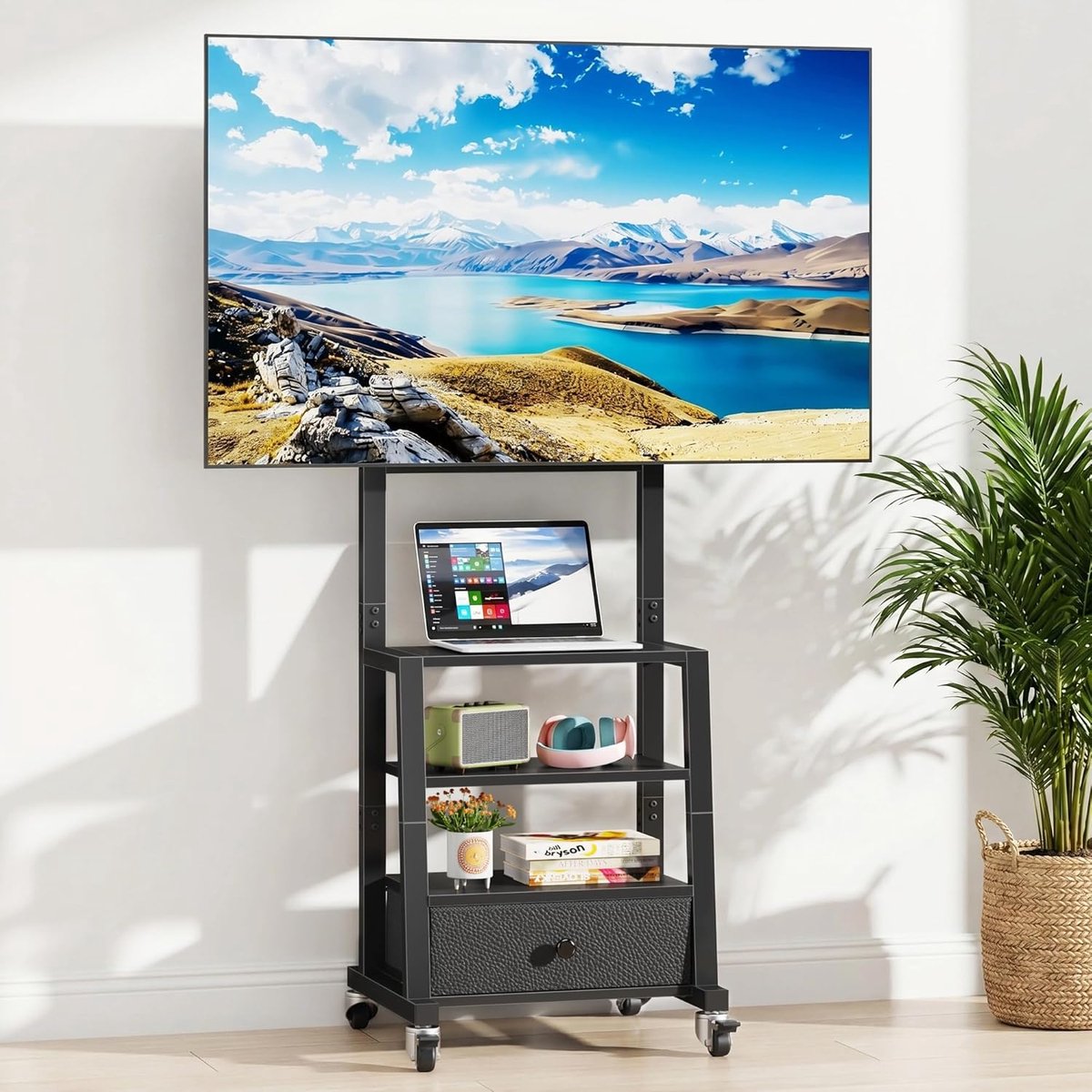 SnelShoppen - TV Stand Verstelbaar 32-55 Inch met Bracket en Tray, Zwart | TV Vloerstandaard | MAX VESA 400x400mm | Hoogte Verstelbaar voor Woonkamer,