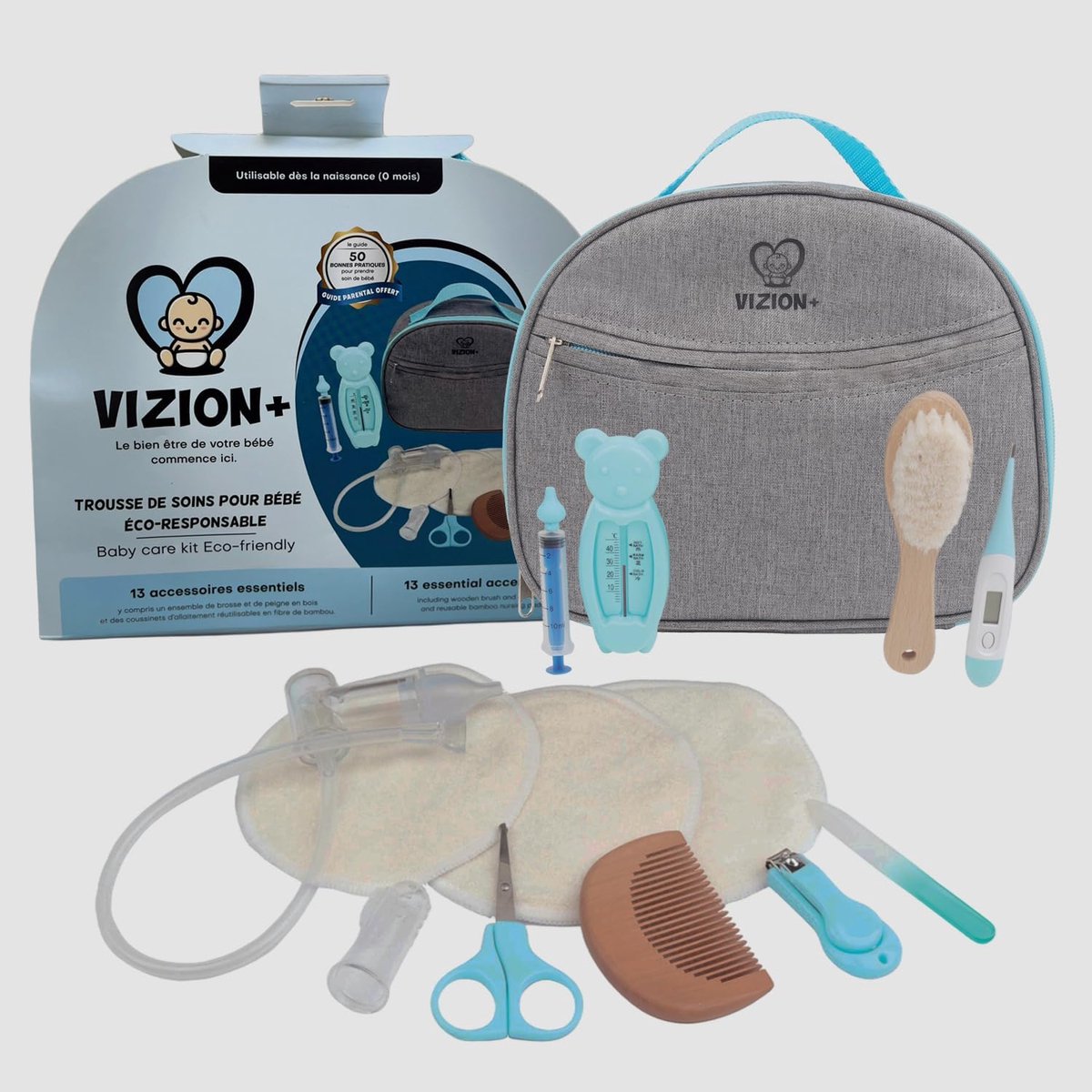 SnelShoppen - Compleet Babyverzorgingsset - 13 Accessoires, Digitale Thermometer, Neus Aspirator, Nagelknippers, Bamboe Borstel, Herbruikbare Borstvoe