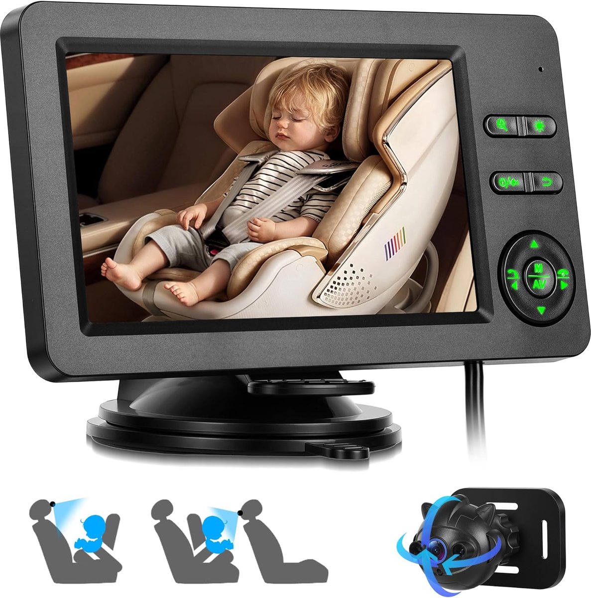 SnelShoppen - Babyautocamera met 4,3 inch IPS Monitor, Achteruitrijcamera, Bluetooth Handsfree, IR Nachtzicht, 720p Resolutie en 7 Kleuren Lichten voo
