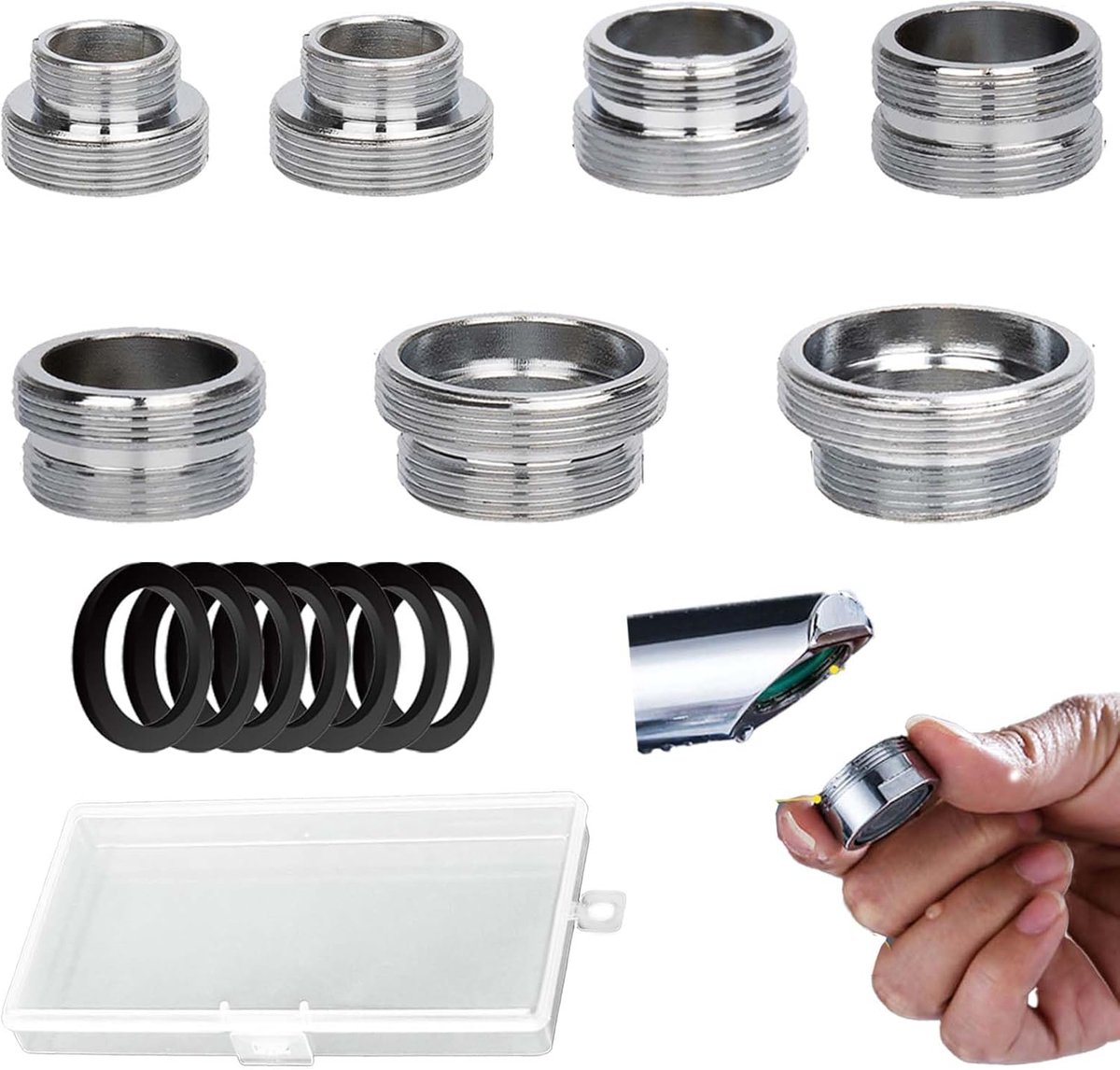 SnelShoppen - Faucet Adapter m18 To m22, 7-delige Set Met Metalen Waterpijp Reducers, Draa
