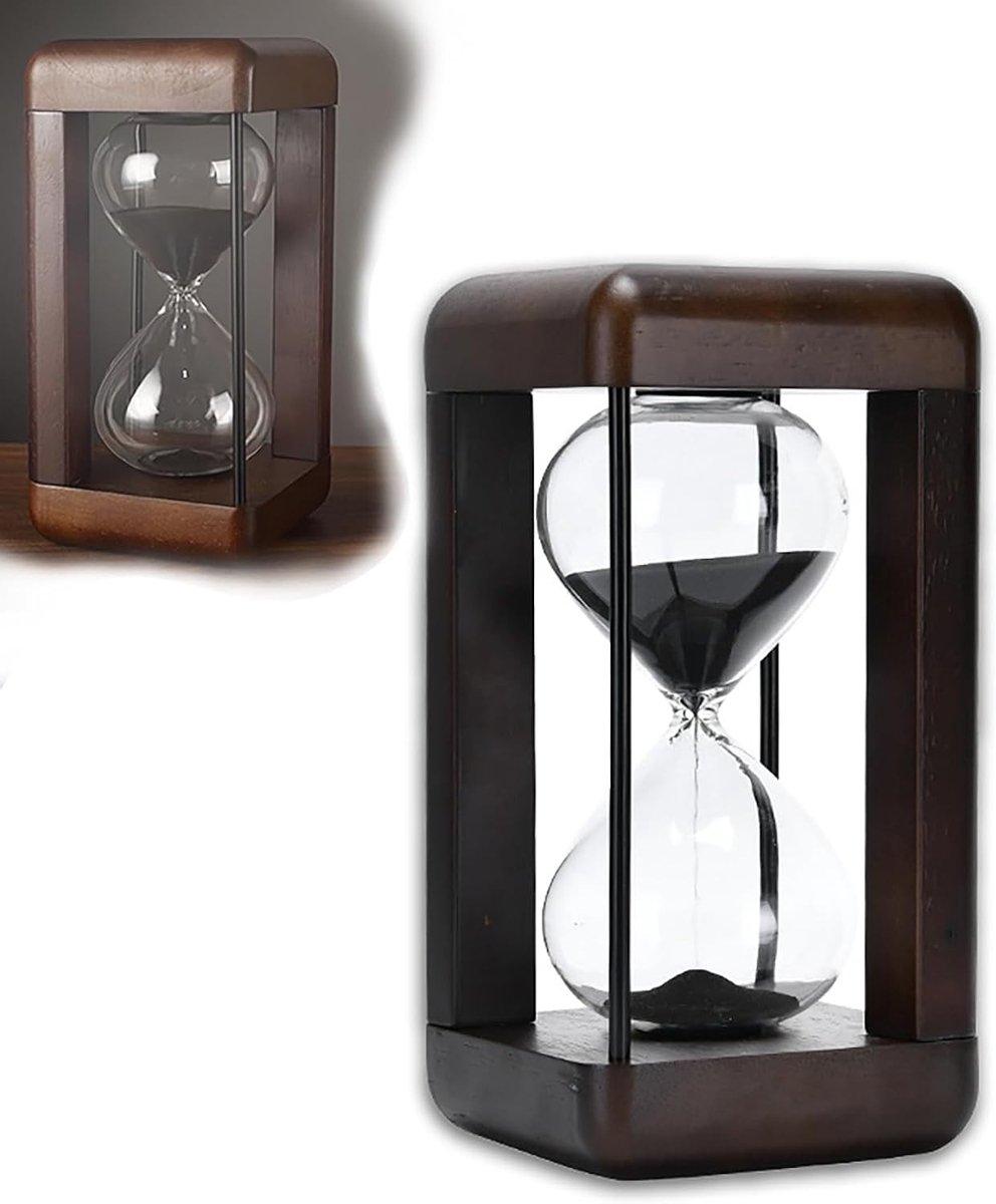 Decoratieve zandloper van walnotenhout - 60 minuten timer voor thuis en kantoor, stijlvolle houten klok met zwart zand, 22 x 11,5 x 11,5 cm, uniek interieuraccessoire en tijdsindicator
