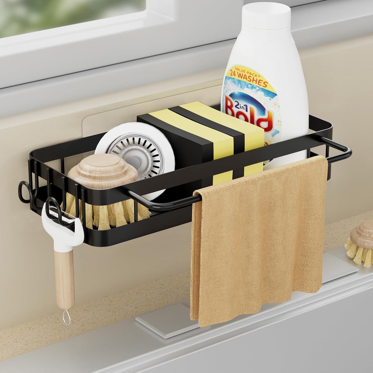 Thijox - Spoelbak-organizer met keukensponshouder, metalen keuken- en badkamerorganizer, zwart, zonder boren, met spoeldoekhouder en twee haken
