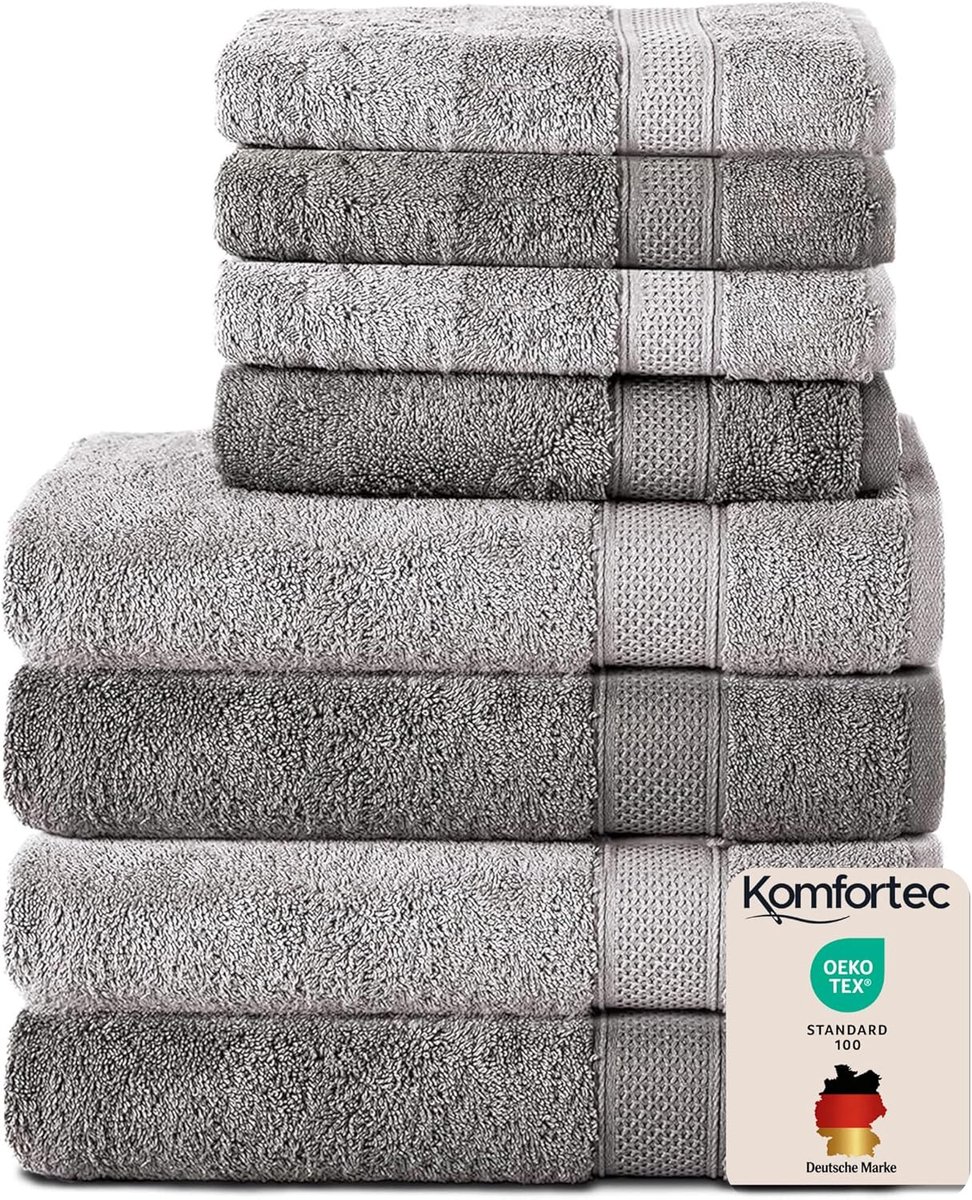 SnelShoppen - Komfortec Handdoekset 8-delig - 4x Badhanddoeken 70x140cm & 4x Handdoeken 50x100cm - 100% Katoen - Antraciet Grijs & Zilver Grijs - Abso