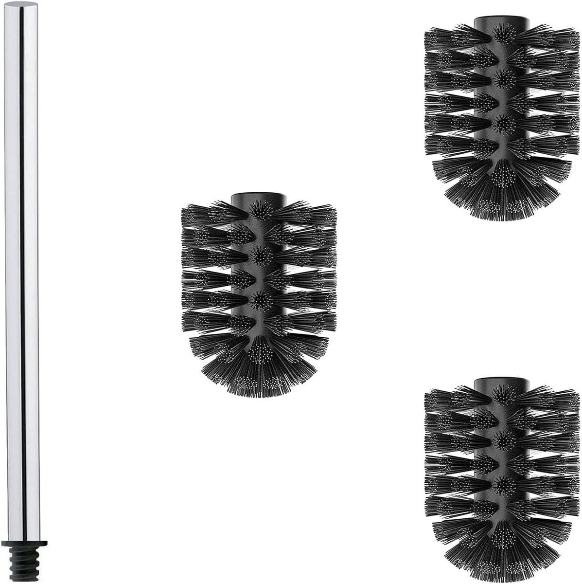 SnelShoppen - RVS Toiletborstelset met 3 Vervangbare Borstels Ø 6,5 cm en 1 RVS Handvat 27 cm - Duurzaam en Milieuvriendelijk - Zwart