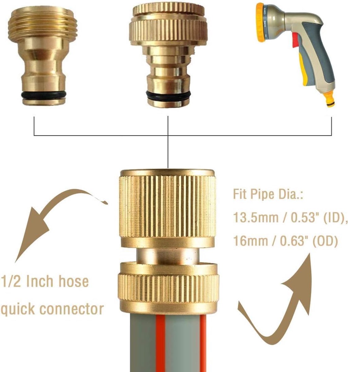 SnelShoppen - Tuinslang Koppeling Messing No-Leak Connector - Snelle Verbinding voor 1/2" en 3/4" Tuinslangen en Kranen - Set van 2 Stuks