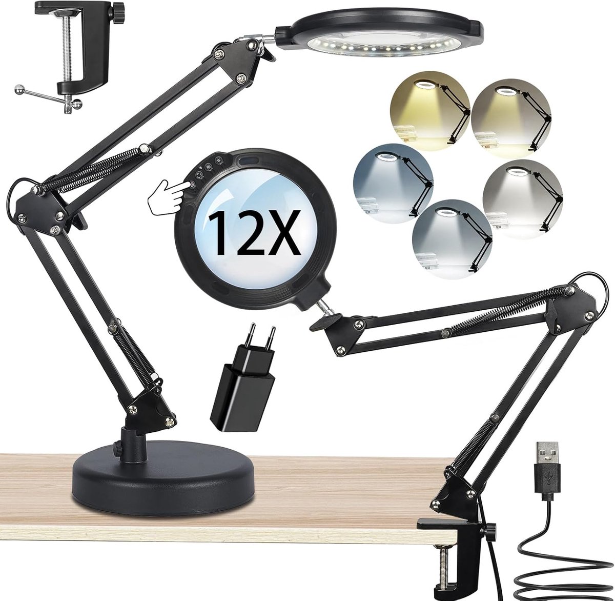 SnelShoppen - 12x Tafelmagnifier met Licht en Standaard - 2-in-1 Vergrootglas met Klem - 5 Kleurenmodi + Stepless Dimbaar - Handenvrij Voor Lezen, Rep