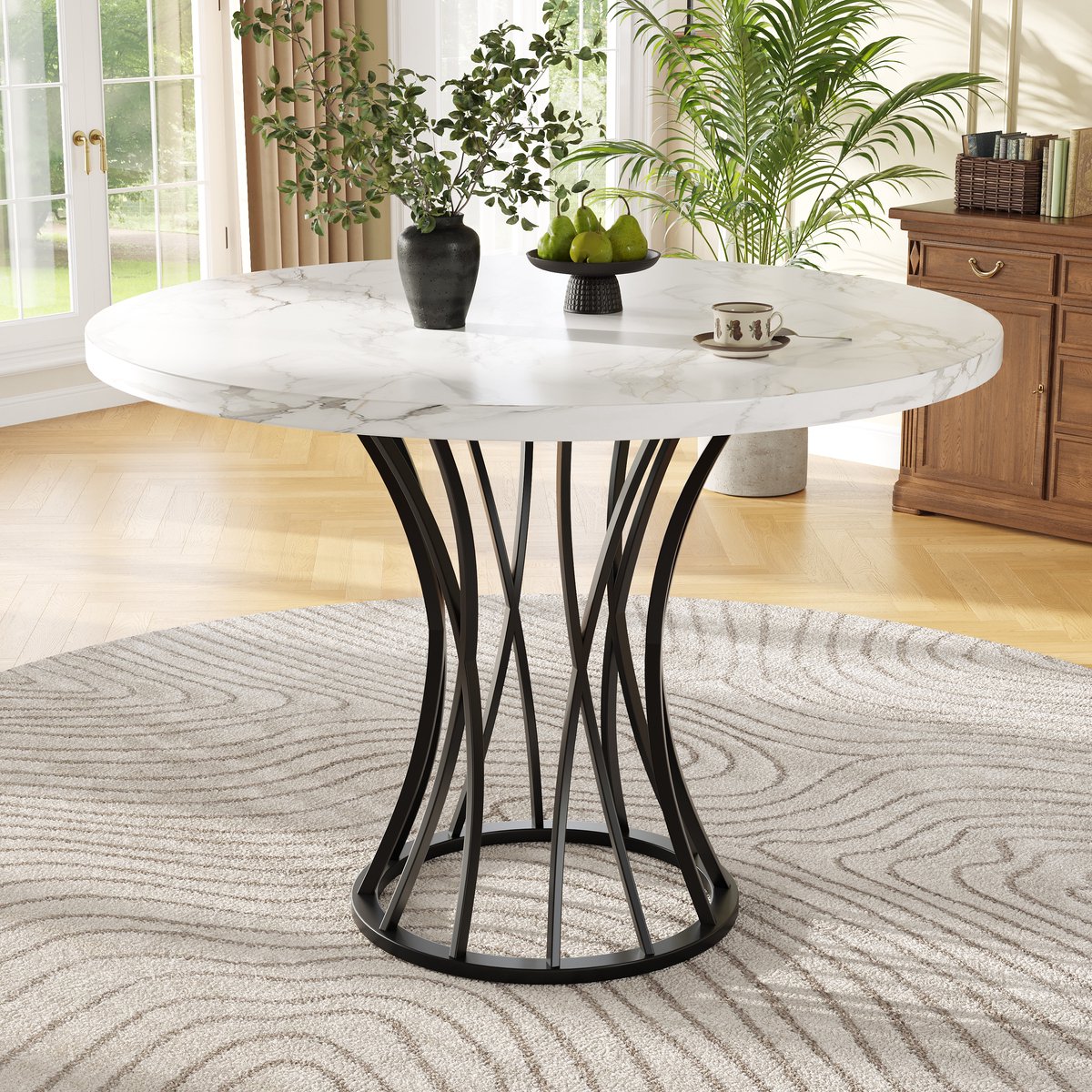 COVREO Ronde eettafel 80 x 80 x 76 cm - zwart, MDF tafelblad met marmerlook en metalen pot