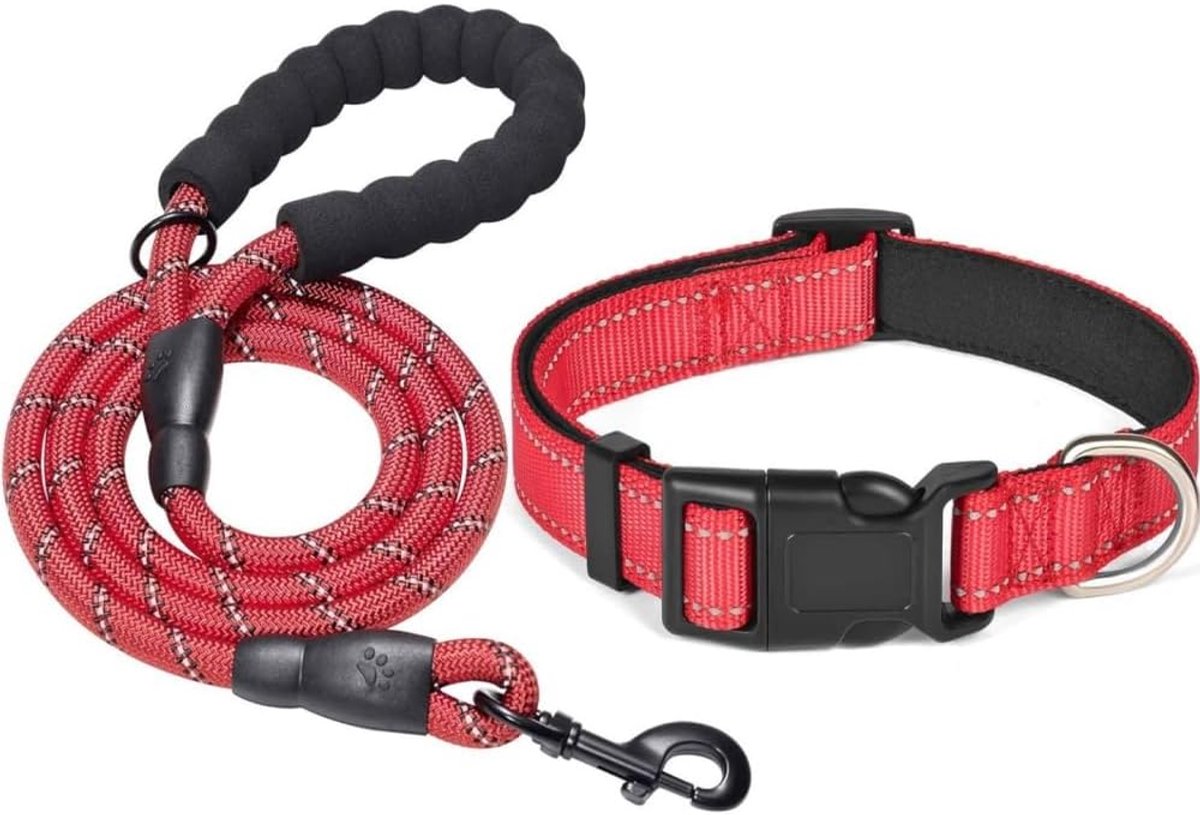 SnelShoppen - Reflecterende Hondenhalsband en Leash Set voor Middelgrote en Grote Honden - Duurzaam Nylon - Verstelbare Hondenlijn - Rood - Hoog Veili