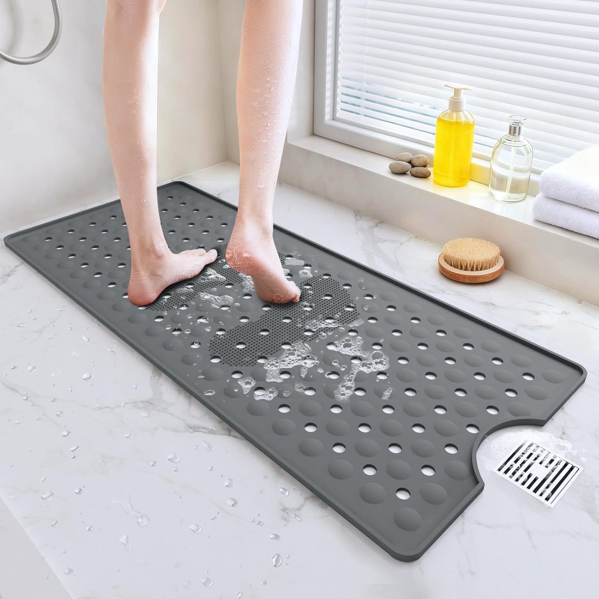 SnelShoppen - Non Slip Badmat 90 x 40cm - Langdouchemat met Zuignappen - Zachte Siliconen Badmat - Machinewasbare Antislip Badmat voor Bad en Vloer -