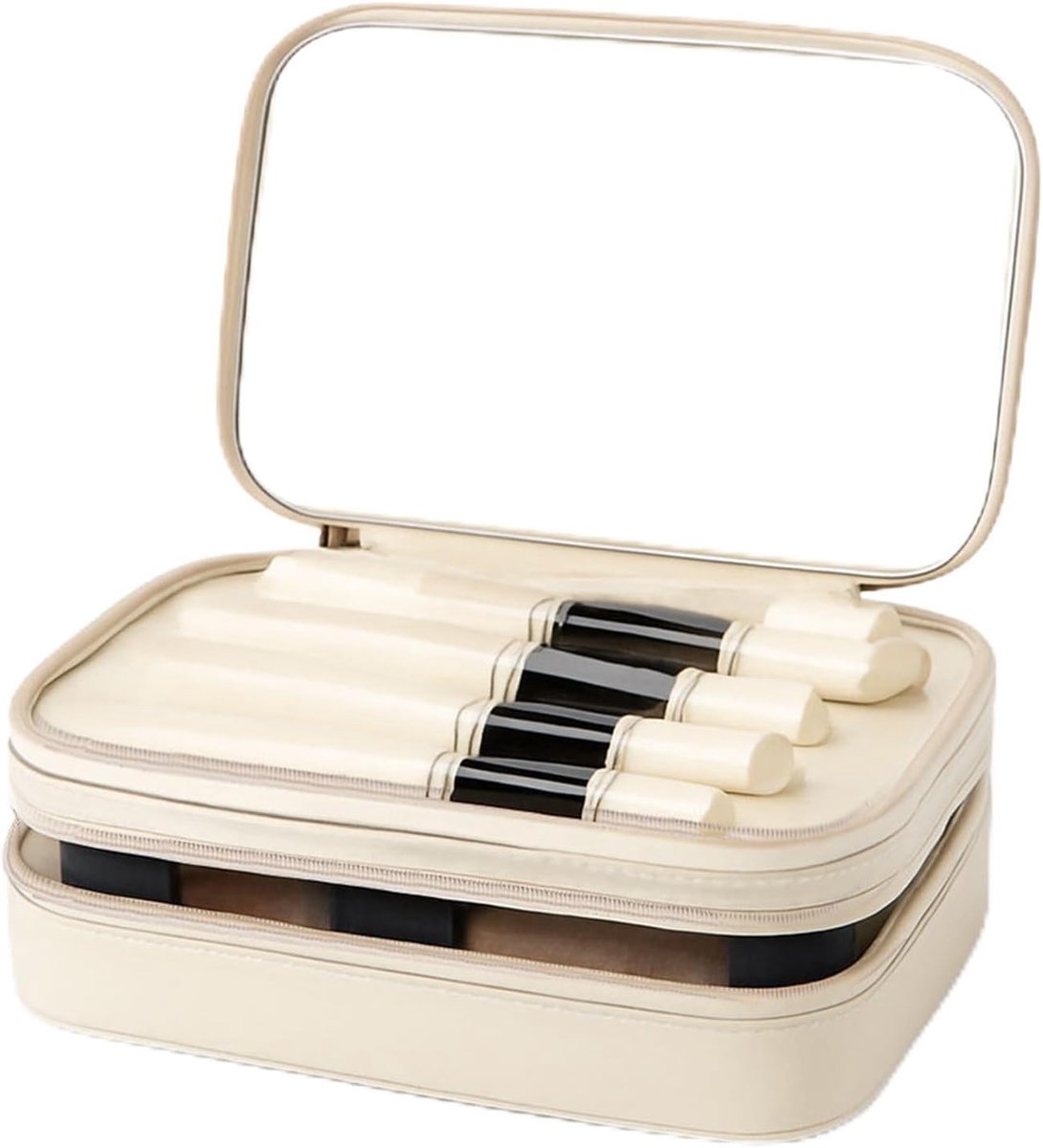 SnelShoppen - Makeup Bag met Spiegel, Draagbare Makeup Organizer, Reismakeup Tas met Handvat en Compartimenten, Beige PU Leer, Perfect voor Vrouwen