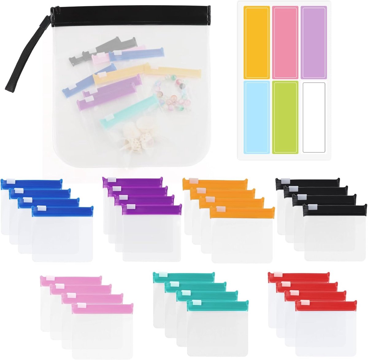 SnelShoppen - Pill Bags Set van 28 Stuks - Resealable Mini Pillenzakken met Kleurige Stickers - Doorzichtige Plastic Zakjes - 7,6 x 7 cm - Perfect voo