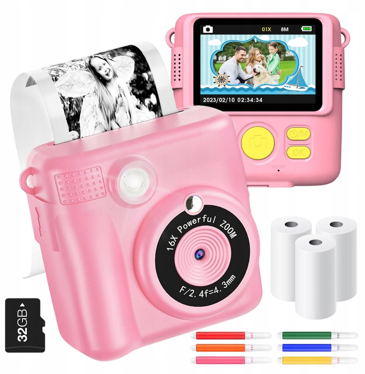 Digitale Kindercamera met Foto Printer - Instant Print Camera - Thermische Printer - Instantcamera Voor Kinderen - 2,4 inch IPS - 16x Zoom - 6 Kleurpotloden & Stickers - 32 GB - Speelgoedcamera - Voor School & Reis & Feest - Roze
