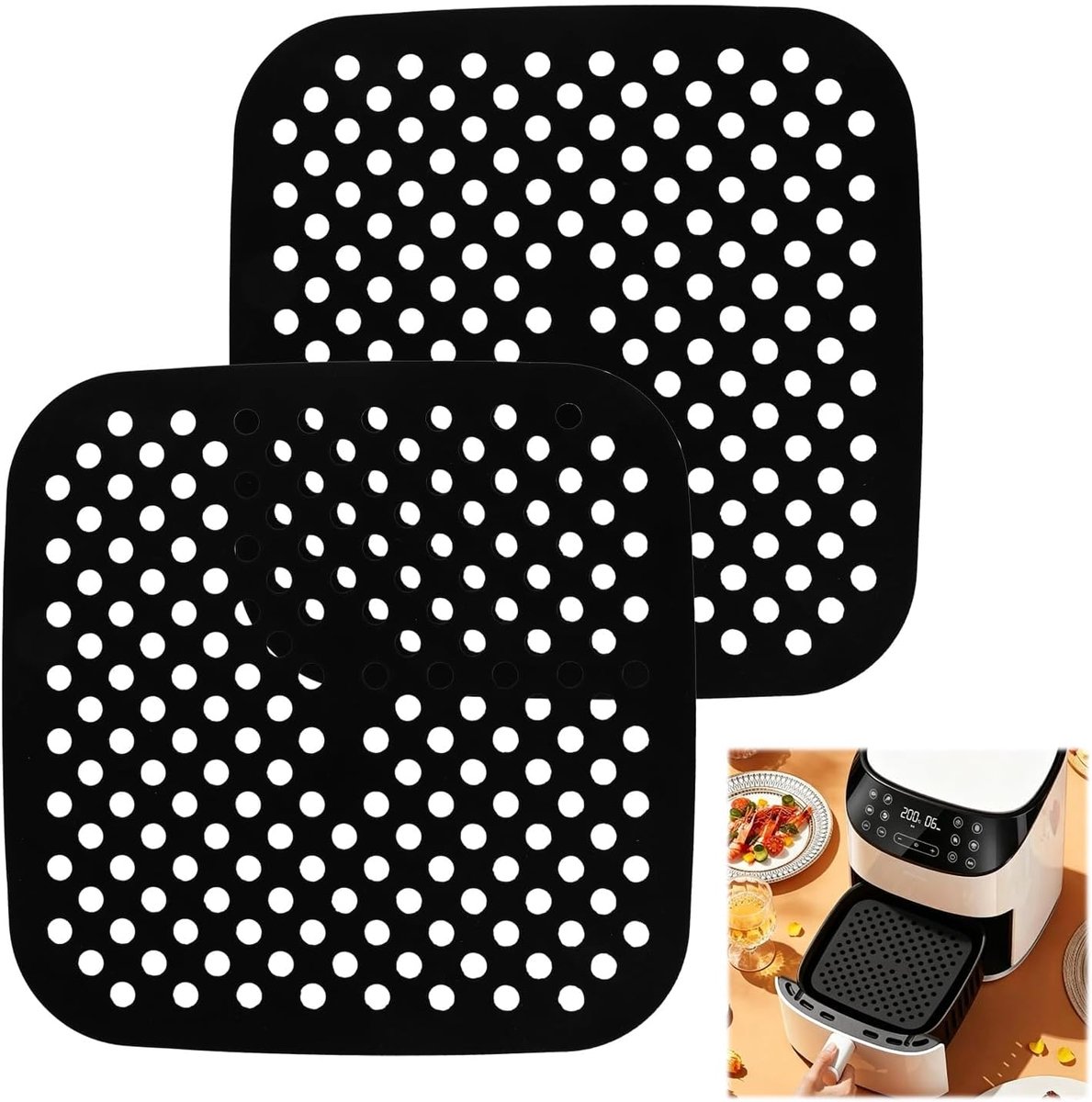 SnelShoppen - 2 stuks siliconen matten 21,5 x 21,5 cm, herbruikbaar, anti-aanbaklaag, ideaal voor gezond koken, vaatwasserbestendig, perfect voor frit