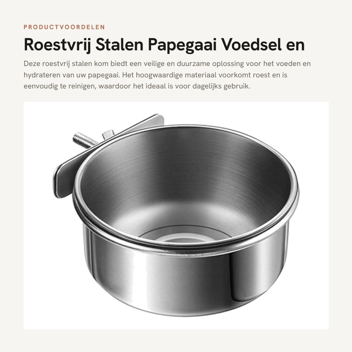 Dailygoods- Papegaai Feeder Roestvrij Staal - Vogelvoeder/Water Kom - Klem Houder - Duurzaam - Veilig - Antislip Beugel - Vogelschaal